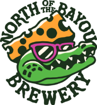 A stylized alligator head wearing purple sunglasses and a classic Wisconsin cheesehead, representing the fusion of Midwestern and Southern traditions in the North of the Bayou Brewery logo.