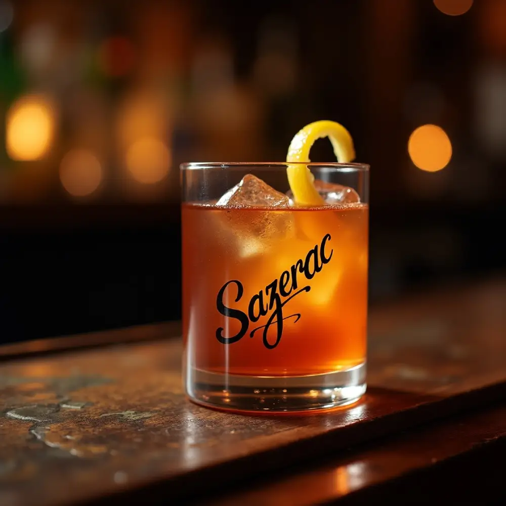 Classic Sazerac cocktail with rye whiskey, absinthe rinse, Peychaud’s bitters, and a lemon twist, served at North of the Bayou Brewery in Madison, WI.