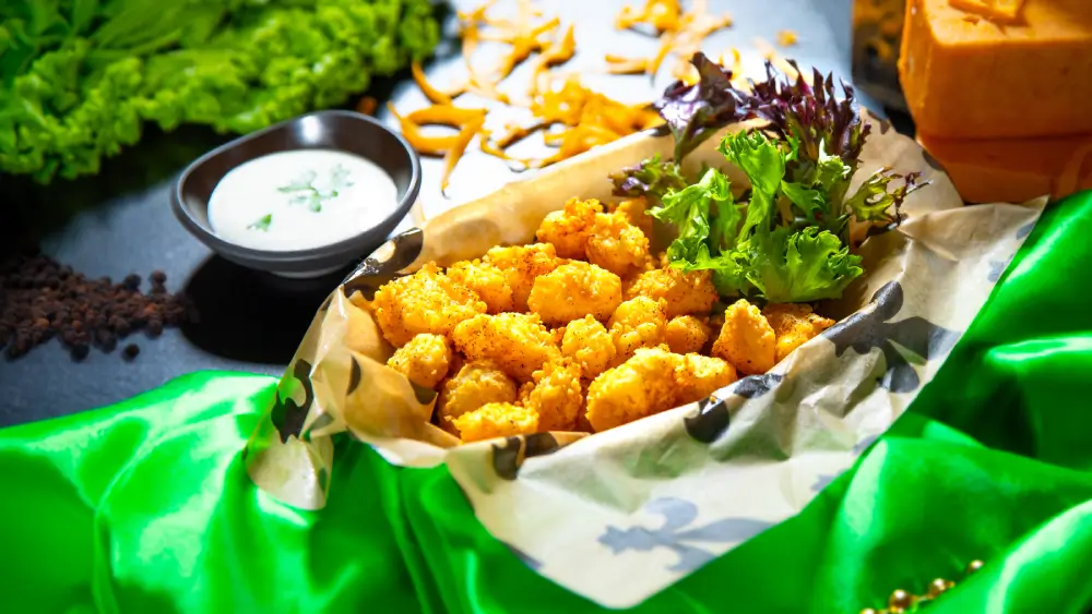Crispy golden cheese curds served at North of the Bayou Brewery in Madison, WI, paired with craft beer.