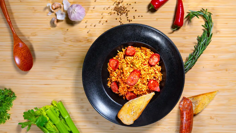 Savory Chicken & Sausage Jambalaya from North of the Bayou Brewery in Madison, WI – a rich, Creole-inspired dish with tender chicken, smoky sausage, and Cajun-seasoned rice.