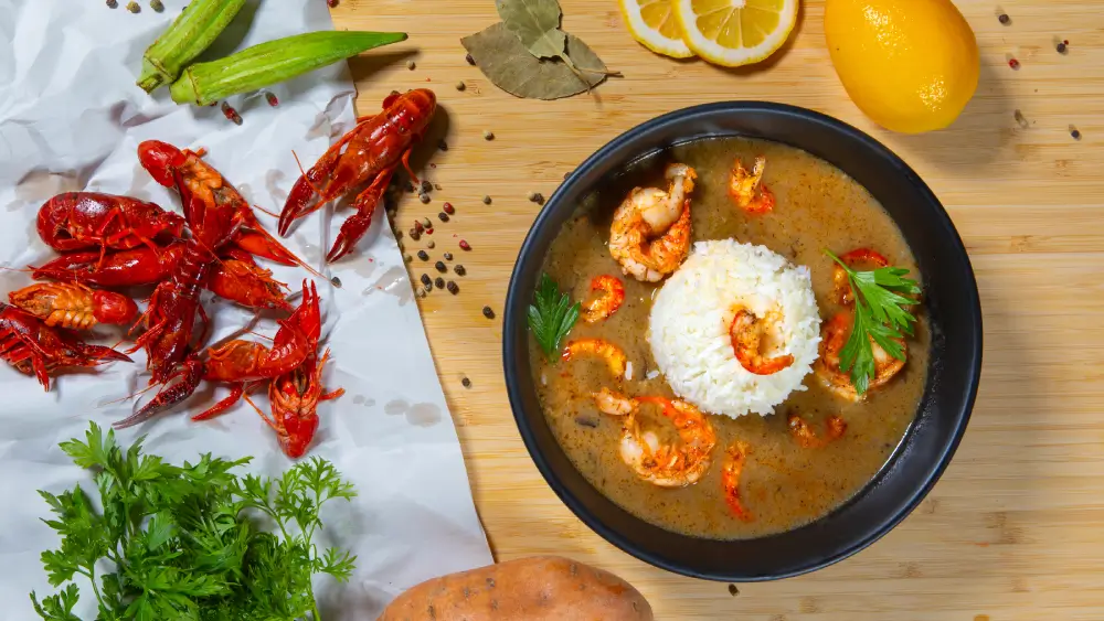 A rich bowl of seafood gumbo from North of the Bayou Brewery in Madison, WI, featuring shrimp, crab, andouille sausage, and Cajun spices, served with white rice and fresh herbs.