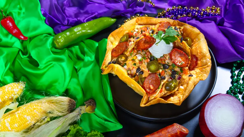 Crispy Zydeco Nachos topped with melted cheese, slow-cooked Cajun-style pulled pork, jalapeños, and Creole sauce, served at North of the Bayou Brewery in Madison, WI.